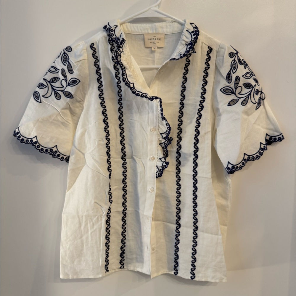 White and Blue Sezane Embroidered Blouse size 34